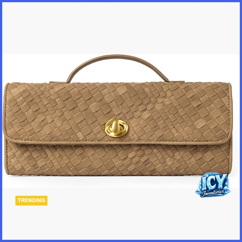 Woven Suede Vegan Leather Evening Clutch Crossbody Bag with Adjustable Strap